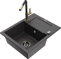 Granitinė virtuvinė plautuvė Mexen Enzo su maišytuvu ir sifonu, Black granite+Black/Gold
