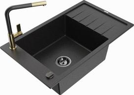 Granitinė virtuvinė plautuvė Mexen Elias su maišytuvu ir sifonu, Metallic black/silver+Black/Gold