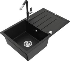 Granitinė virtuvinė plautuvė Mexen Bruno su maišytuvu ir sifonu, Black+Black/Chrome