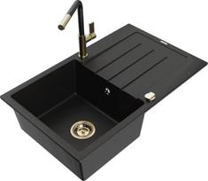 Granitinė virtuvinė plautuvė Mexen Bruno su maišytuvu ir sifonu, Black+Black/Gold