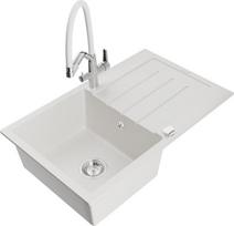 Granitinė virtuvinė plautuvė Mexen Bruno su maišytuvu ir sifonu, White+White/Chrome