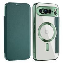 Verslo odinis atlenkiamas kortelių skyrius, skirtas MagSafe plonam dėklui, skirtas Google Pixel 9 Pro XL 8A 7A, skaidrus smūgiams atsparus skaidrus magnetinis telefono dėklas Google Pixel 9 tamsiai žalia spalva