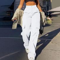 Streetwear Pagrindinės Sagtimi Cargo Kelnės Moterims Kelnės Vienspalvės Tiesaus Kirpimo Didelės Kišenės Plačios Sportinės Kelnės Šviesios XXL balta