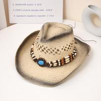 Boho pintos grandinėlės kaubojų skrybėlė Vintage kvėpuojanti skrybėlė nuo saulės šiaudinė skrybėlė Unisex skrybėlės nuo saulės Kelioninė paplūdimio kepurė moterims, vyrams ONE SIZE pilka spalva