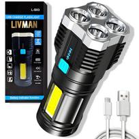 Įkraunamas USB LED žibintuvėlis LIVMAN L-S03 su itin ryškiu OSL ir COB LED apšvietimu bei 4 šviesos režimais, 1200mAh