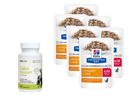 HILL'S PD Prescription Diet Feline c/d Urinary Stress Vištiena 6x85g paketėlis + LAB-V Calm Support - streso ir elgesio sutrikimų simptomų palaikymas 45 kapsulės