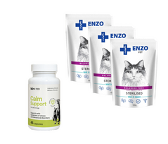 ENZO VET Sterilizuota su veršiena padaže 3x100g + LAB-V Calm Support - streso ir elgesio sutrikimų simptomų palaikymas 45 kapsulės