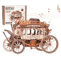 Pašto karietos dėlionė muzikinė dėžutė rinkiniai 3D mediniai galvosūkiai mechaninis konstravimas rankdarbiai paaugliams suaugusiems dovana gelsvai ruda