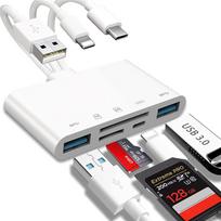 SD TF atminties kortelių skaitytuvas 5 viename USB OTG adapteris C tipo USB Lightning 3 prievadas, skirtas iPhone Macbook Samsung Huawei kompiuterio priedai balta