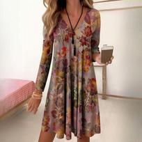 QICED Autumn and Winter V-neck High-waisted Retro Gradient Colour Print Nine-minute Sleeve Loose Dress S rožinė