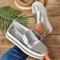 2024 Hot Selling Summer Sports Shoes Women's Thick-soled Single Shoes Rhinestone Comfort Flat Shoes Women's Vulcanized 35 sidabras