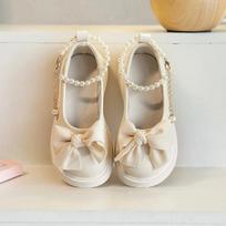 Fashion Kids Mary Jane Shoes Elegant Bowknot Children's Leather Shoes Fashion Pearl Ankle Strap Sweet Girls Princess Dress Shoes 26 balta