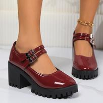 Mary Jane Women's Shoes High Heels Fashion Patent Leather Single Shoes Casual Belt Buckle Pumps Round Head Platform Loafers 36 vyno raudonos spalvos