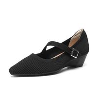 Moteriški pleištiniai smailūs kojų pirštai Mary Jane Pumps Patogūs ir stilingi batai Megzti stambūs aukštakulniai su laisvalaikio slydimo dirželiu, žemi moteriški aukštakulniai. 34 juoda