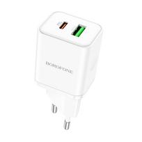 Borofone Laidinis įkroviklis BN7 – USB + Type C – QC 3.0 PD 20W baltos spalvos