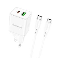 Borofone Laidinis įkroviklis BN7 – USB + Type C – QC 3.0 PD 20W su Type C į Type C kabeliu baltos spalvos