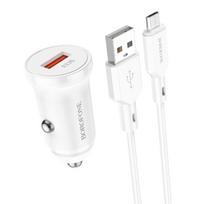Borofone automobilinis įkroviklis BZ18 – USB – QC 3.0 18W su USB į Micro USB kabeliu baltos spalvos