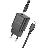 Borofone Laidinis įkroviklis BN14 Royal GaN – USB + Type C – QC 3.0 PD 30W su Type C į Lightning kabeliu juodos spalvos