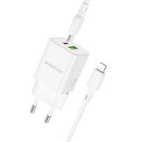 Borofone Laidinis įkroviklis BN14 Royal GaN – USB + Type C – QC 3.0 PD 30W su Type C į Lightning kabeliu baltos spalvos