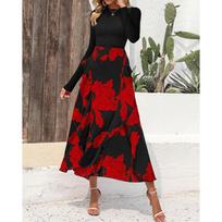 Spring Long Sleeve Elegant Slim Women Casual Dress Fashion Autumn Spliced Print Vintage Long Dresses Women High Waist A Line Sexy Party Dress 25943 XL raudona