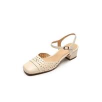Vasaros moteriškos basutės, skeltos odos batai, su kvadratiniu priekiu, storu kulnu, elegantiški, dengiantys kulną, slingback, tuščiaviduriai 34 smėlis
