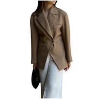 Women's Classic Vintage Diagonal Buckle Suit Jacket Autumn Fashion Retro Lapel Coat Casual Commuter Outerwear S tamsi chaki spalva