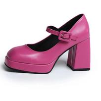 Mary Jane Pumps for Women Girls Fashion Brand New Chunky Heel Wedding Dress Shoes Spring New Pumps Classic Double Buckle 35 raudona