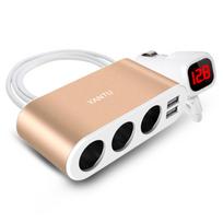 Car Cigarette Lighter Socket Splitter B08 – 3 sockets + 2xUSB – 3,1A 120W with display and cable gold