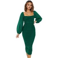Moterims Vakarinė Suknelė Kvadratine Dekolte Tinklelio Žibinto Rankovėmis Klostuota Bodycon Vienspalvė Elastinga Midi Suknelė iki Pusės Blauzdos Šokių Vakarėliui, Formaliam Renginiui S žalia