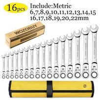 Lanksčios galvutės reketinio veržliarakčio rinkinys, veržliarakčių komplektai su antgaliais, chromo vanadžio plieno rankiniai įrankiai. 16pcs