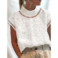 Madingi stovo apykaklė Baltos palaidinės Pavasaris Vasara Siuvinėjimas Moteriškos palaidinės Lady Hallow Out Tops 3XL balta