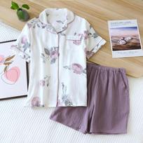 Summer New 100% Cotton Crepe Ladies Pajamas Short-sleeved Shorts Two-piece Simple Fresh and Cute Homewear Pajama Set Women M