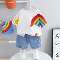 Vaikų kostiumas Vasarinis apvalios apykaklės trumpomis rankovėmis T-shirt + Džinsai Dviejų dalių Saldus vaivorykštės rašto laisvalaikio kostiumas 120