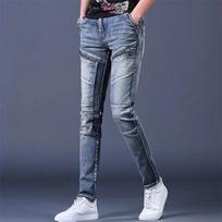 Vyriški siauro kirpimo skalbti retro džinsai - Pavasario ir rudens mados motociklininko kelnės 6611 Zipper Jeans; 29 mėlyna