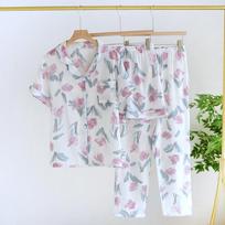 Women's Spring/Summer Pajama Set 100% Cotton Crepe Short Sleeves+Shorts+Pants Three Piece Thin Home Furnishings Pajama M