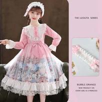 Mergaičių Lolitos pasakų princesės suknelė vaikiška Lolitos miela pasakų suknelė Retro Court Style Nėriniai dažyti dekoratyvūs sijonai + galvos apdangalai 110 mėlyna