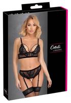 Juodas nėriniuotas apatinių komplektas su atvira medziaga tarpkojyje ir kojinių laikikliais L - Cottelli LINGERIE