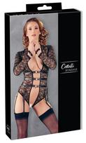 Cottelli Bondage juodas nėriniuotas bodis su rankų ir kojų diržais XL
