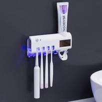 Dantų šepetėlio laikiklis su UV sterilizatoriumi ir dantų pastos dozatoriumi, tvirtinamas prie sienos