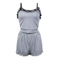 2 Pcs/Set Women Summer Pajamas Suit Ruffle Patchwork Sleeveless Backless Cop Top S pilka