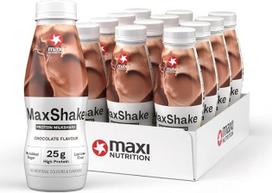 "MaxiNutrition MaxShake" baltyminis kokteilis "Milkshake Chocolate", 12 x 330 ml, kreminis baltyminis kokteilis kelionėms, 25 g baltymų, mažai riebalų ir angliavandenių, be dirbtinių skonių, pagamintas Vokietijoje