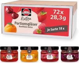 "Schwartau Extra Mix" dėžutė, uogienės porcijiniai indeliai (18 x braškių, 18 x aviečių, 18 x abrikosų, 18 x vyšnių), 72 x 28,3 g