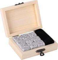 "Whisky Stones" rinkinys, 9 vnt. aušinimo akmenų, daugkartinio naudojimo ledo kubeliai, granito dovanų rinkinys, aušinimo kubeliai su medine dėžute (balta)