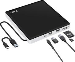 BUNUD išorinis CD DVD diskas USB 3.0 ir C tipo CD DVD diskas su 2 USB ir SD/TF išoriniu DVD CD ROM įrenginiu, skirtas nešiojamiesiems kompiuteriams su "Windows 11/10 Mac MacBook Pro/Air