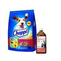 CHAPPI 9kg - sausas maistas šunims su jautiena, paukštiena ir daržovėmis + Lab-V 100% lašišų aliejus įvairaus amžiaus šunims ir katėms 500ml šalto spaudimo
