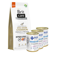BRIT CARE Dog Hypoallergenic Dog Show Champion Lašiša ir silkė 12kg + ENZO VET Hipoalerginė dieta su triušiena šunims 3x400g