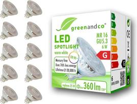 greenandco 10x CRI 90+ MR16 GU5.3 LED prožektorius, 6 W, 360 lm, 110°, 3000 K, šiltai balta, 12 V AC/DC, nestabdomas