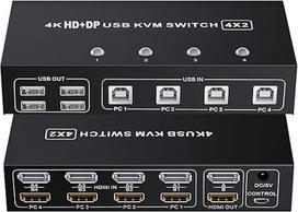 HDMI Displayport USB 2.0 KVM jungiklis 4 prievadai, BolAAzuL 4 kompiuteriai 2 monitoriai 4K @ 60Hz HDMI 2.0 DP 1.2 KVM perjungimo dėžutė Dvigubi monitoriai, klaviatūra pelė Periferiniai įrenginiai HDMI+DP KVM perjungiklis 4 į 2 išėjimai