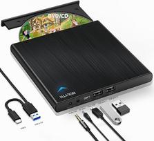 NOLYTH Nešiojamojo kompiuterio išorinis DVD diskas, CD diskas, išorinis USB išorinis optinis diskas su 1 garso 2 USB lizdais, nešiojamasis DVD įrašymo išorinis diskas, skirtas "Mac" kompiuteriui "MacBook Windows