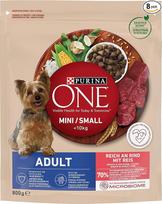 PURINA ONE Mini/mažų veislių suaugusių šunų sausas maistas mažiems šunims, gausus jautienos ir ryžių, 8 vnt. (8 x 800 g)